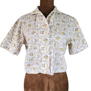 Vintage Joyce Lane Shirt Cropped Button Up Retro Floral Cotton Women's 60s 70s